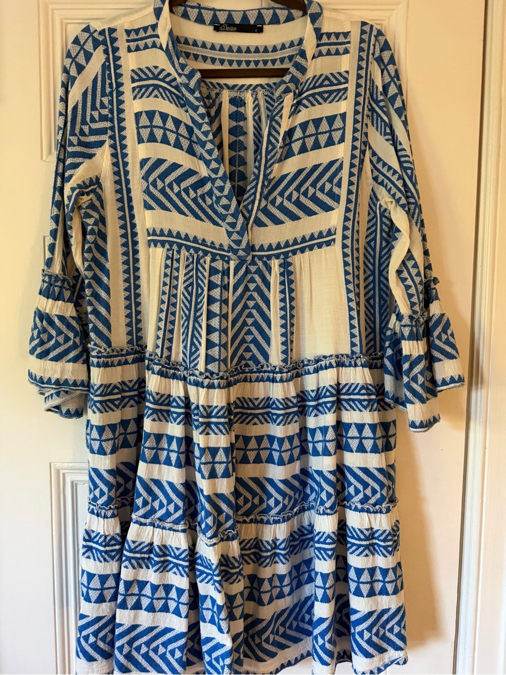 Blue and White Printed Tiered Mini Dress by Unknown
